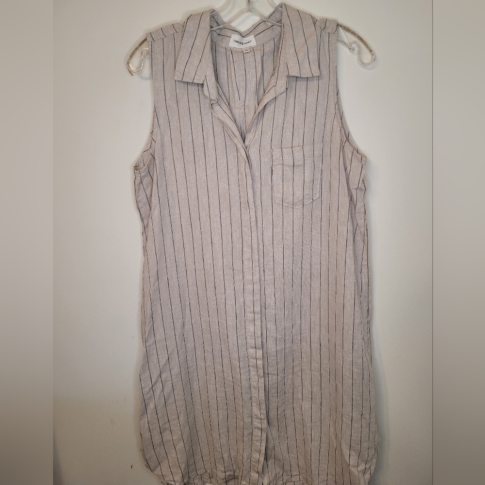Thread & Supply Linen Shirt Dress L Sleeveless Striped Button-Up Beachy,…